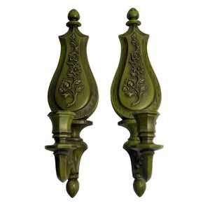 VTG Syroco Candle Sconces Green Floral Plastic Wall Hangings Hollywood Regency